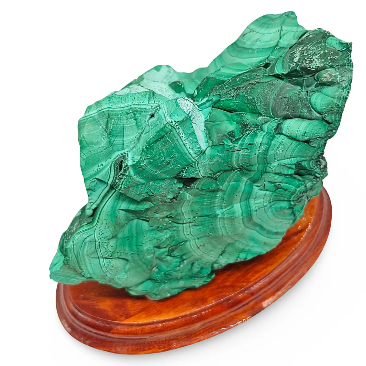 Malachite specimen on wood display by Pür Sérénité, green banded natural stone, 3.8 kg