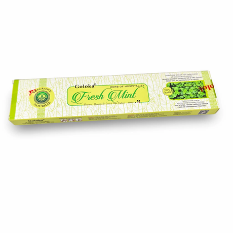 Goloka Fresh Mint incense sticks box, green-yellow packaging, 15 g