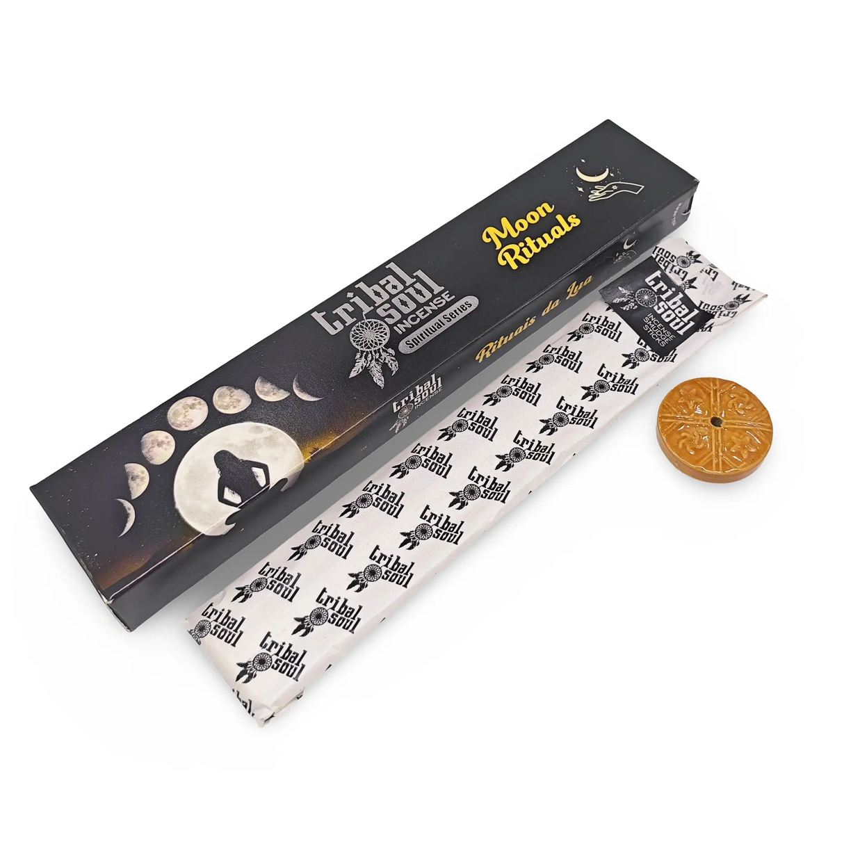 Tribal Soul Moon Ritual incense sticks in black box of the Spiritual Series with moon icon and branded wrappers