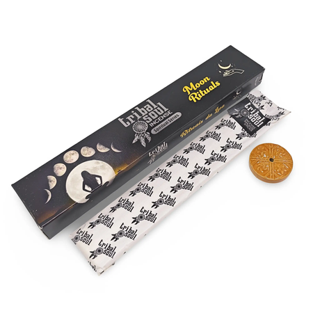 Tribal Soul Moon Ritual incense sticks in black box of the Spiritual Series with moon icon and branded wrappers