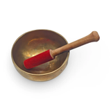 Singing bowl, handmade copper finish with red felt-wrapped wooden mallet.