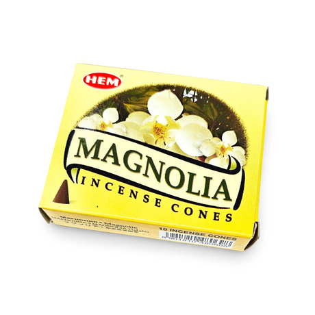Incense cones Magnolia by HEM in yellow packaging box.