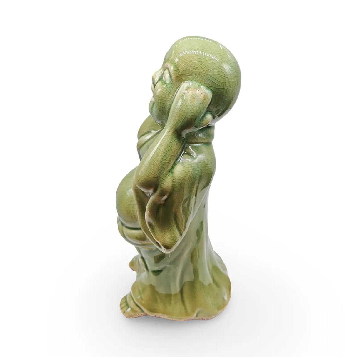 Happy Buddha statue in green glazed ceramic for home decor.