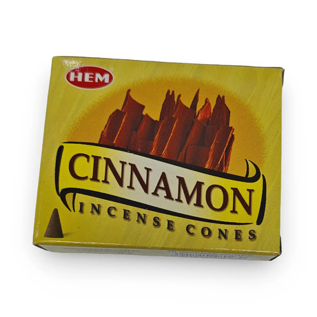 Incense cones Cinnamon by HEM in a bright yellow box