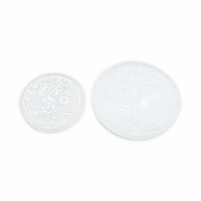 Pür Sérénité selenite charging plates, round white discs etched with Tree of Life and sun/moon; set of 2