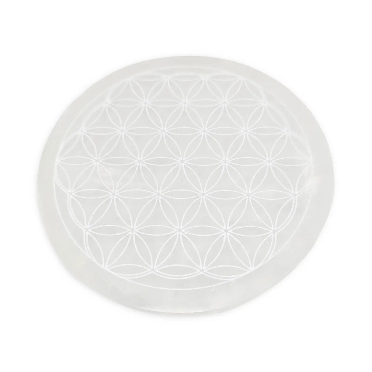 Selenite crystal charging plate with Flower of Life pattern by Pür Sérénité