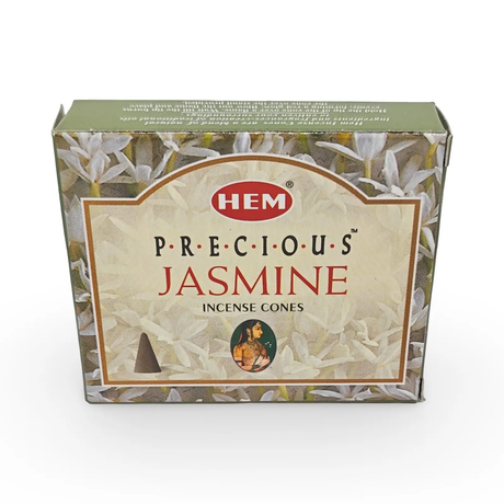 Incense cones: HEM Precious Jasmine box featuring jasmine flower artwork, brand logo, and classic incense packaging
