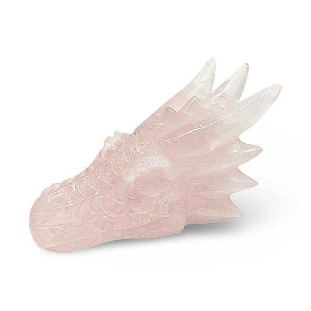 Dragon skull rose quartz sculpture, pink stone by Pür Sérénité, 5 inches long, 425g