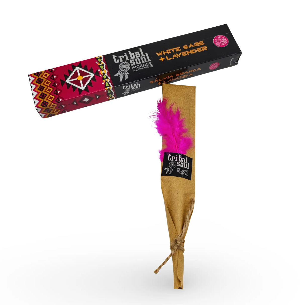 Tribal Soul incense sticks box, White Sage & Lavender; black packaging with tribal pattern and a smudge stick.