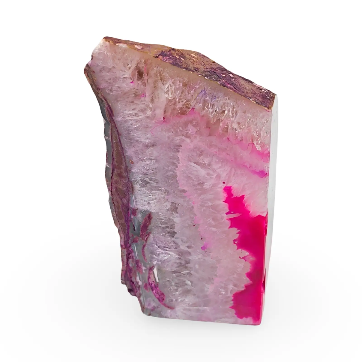Pink agate geode sculpture by Pür Sérénité; natural pink crystal interior with brown exterior.