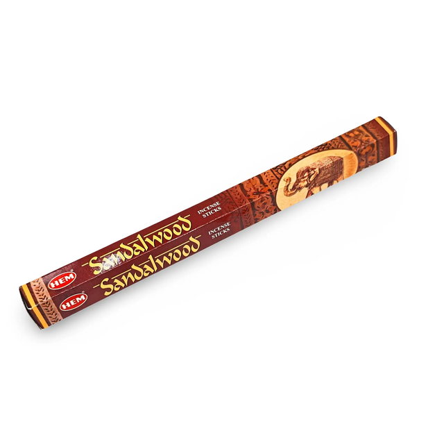 HEM Sandalwood incense sticks, pack of 20, in brown decorative packaging with HEM logo