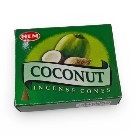 Incense cones coconut by HEM; green box with coconut imagery and brand logo.