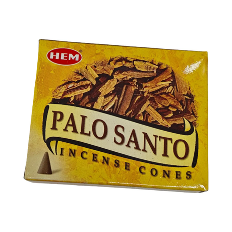 Incense cones Hem Palo Santo; yellow packaging with wood-chip graphic and red HEM logo