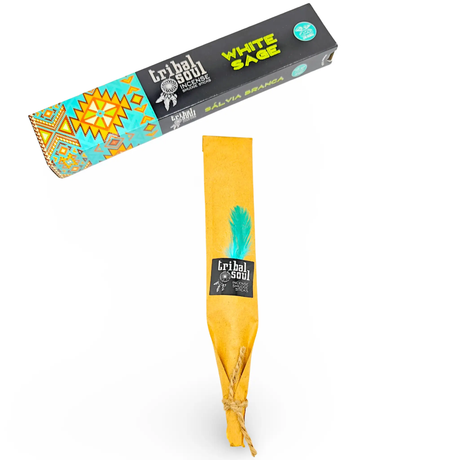 Tribal Soul White Sage incense sticks in black packaging with turquoise geometric artwork.