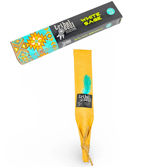 Tribal Soul White Sage incense sticks in black packaging with turquoise geometric artwork.
