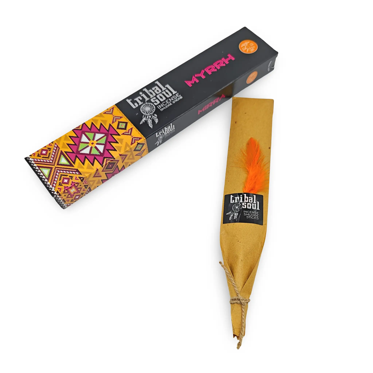 Tribal Soul Myrrh incense sticks box with pink MYRRH logo, tribal sleeve, and smudge stick.
