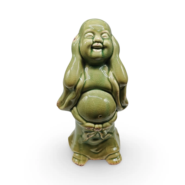 Green glazed ceramic Happy Buddha figurine is ideal for home decor.