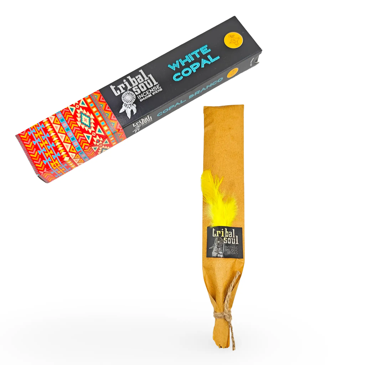 Tribal Soul White Copal incense sticks box with colorful patterned end and a single brown stick