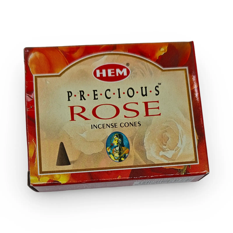 Incense cones Hem Precious Rose box with red packaging and beige label.