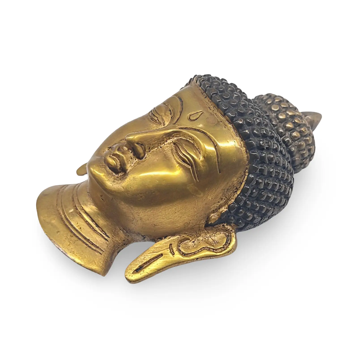 Buddha head wall decor sculpture in gold metallic finish with textured black hair and antique patina.