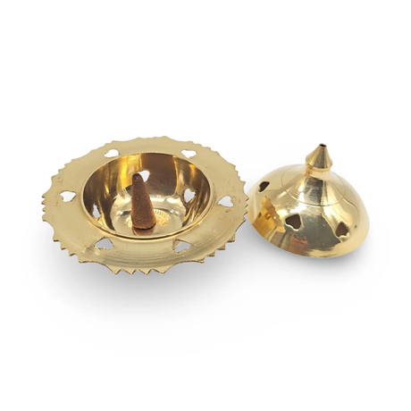 Gold brass incense burner for cone and resin; 2-piece backflow and sticks holder with scalloped base and dome cap.