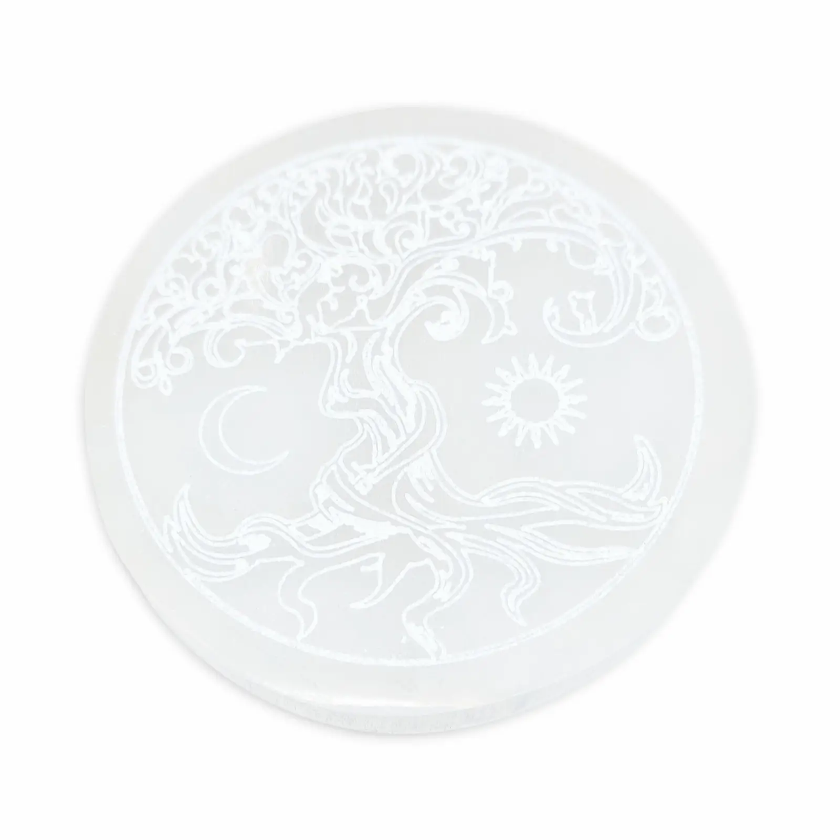 Selenite charging plate with Tree of Life, sun and moon engraving; white crystal slab for charging rituals