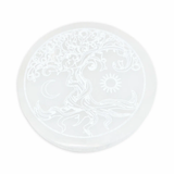 Selenite charging plate with Tree of Life, sun and moon engraving; white crystal slab for charging rituals