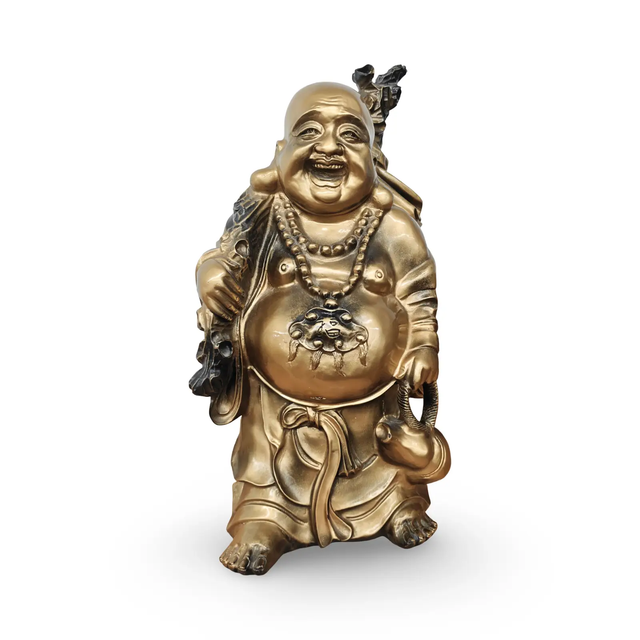 Gold Buddha statue by Pür Sérénité, large laughing Buddha with beaded necklace