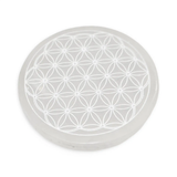 Round white selenite charging plate with Flower of Life pattern.