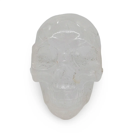 Skull sculpture carved from clear quartz, 3.5 in tall, by Pür Sérénité
