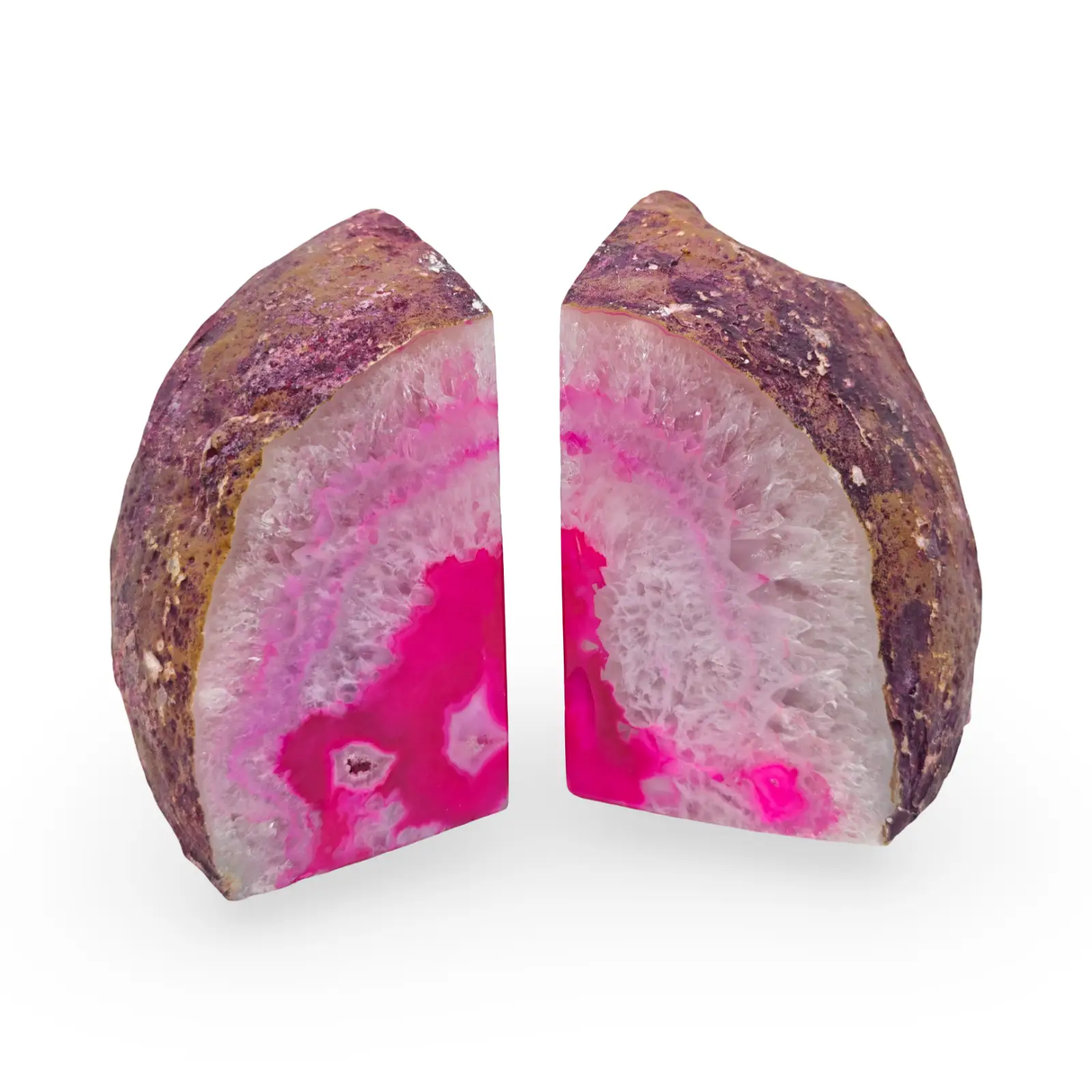 Stone Geode Pink Agate pair of halves: natural pink crystal interior with brown outer rock, by Pür Sérénité.