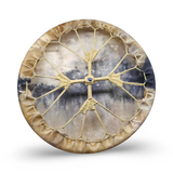 Ritual Shamanic Drum 18-inch hand drum with natural tan skin, woven rope lattice, and blue center bead.