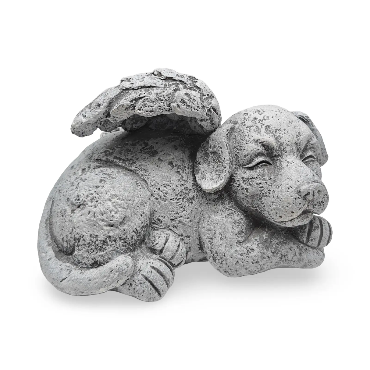 Grey angel dog figurine; stone-gray sculpture with wings, serene sleeping pose