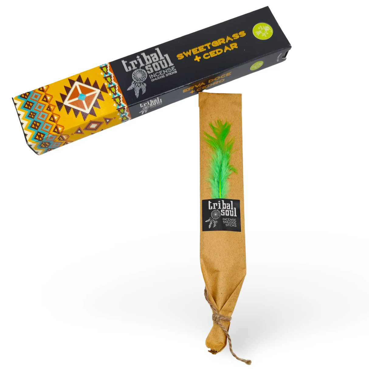 Tribal Soul incense smudge stick, Sweet Grass & Cedar scent, brown paper wrap with green feather, 15g