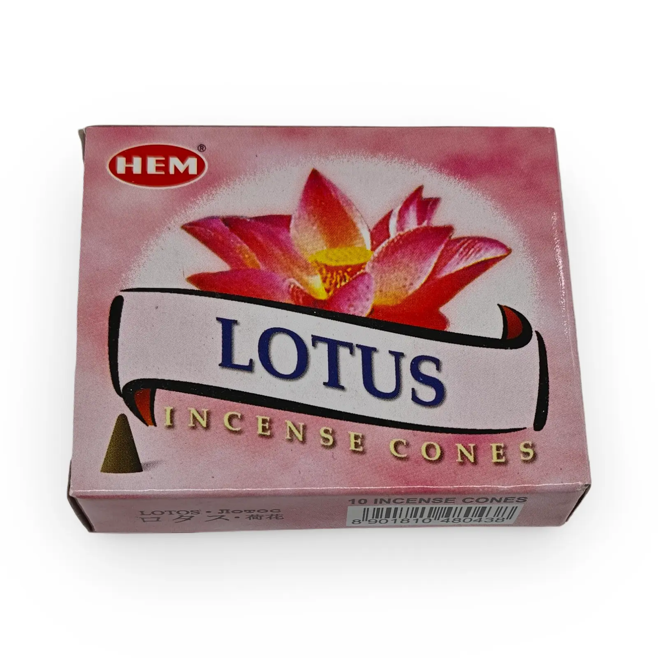 Incense Cone Hem Lotus box with pink packaging, features HEM logo and lotus graphic, contains 10 cones.