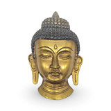 Metallic Buddha head wall decor; gold finish with dark textured hair.