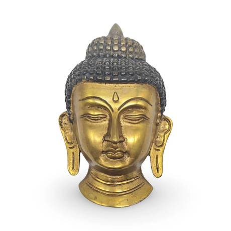 Metallic Buddha head wall decor; gold finish with dark textured hair.