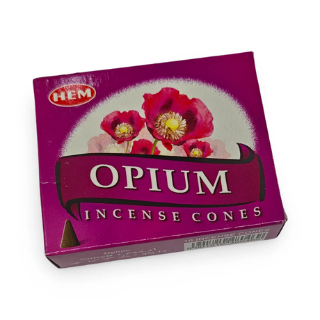 Incense cones Hem Opium in purple packaging featuring pink floral artwork and HEM logo